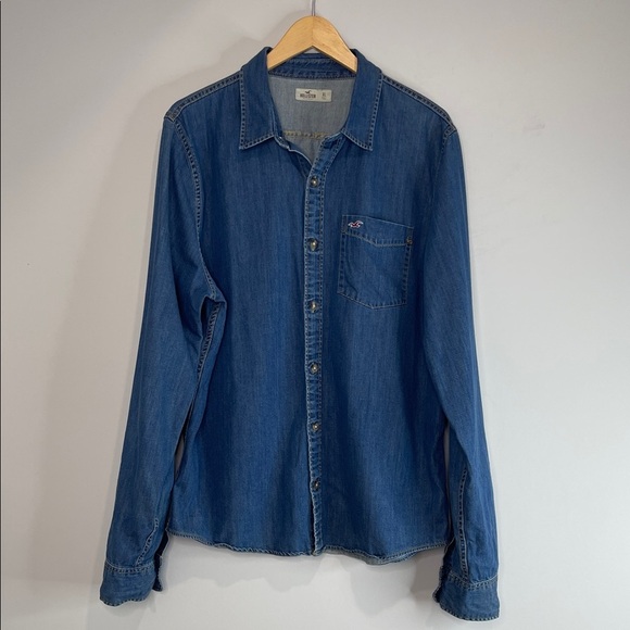 Hollister Men's 90s Vibe Denim Button Up Shirt Blue Medium Wash Long Sleeves XL - Picture 2 of 11